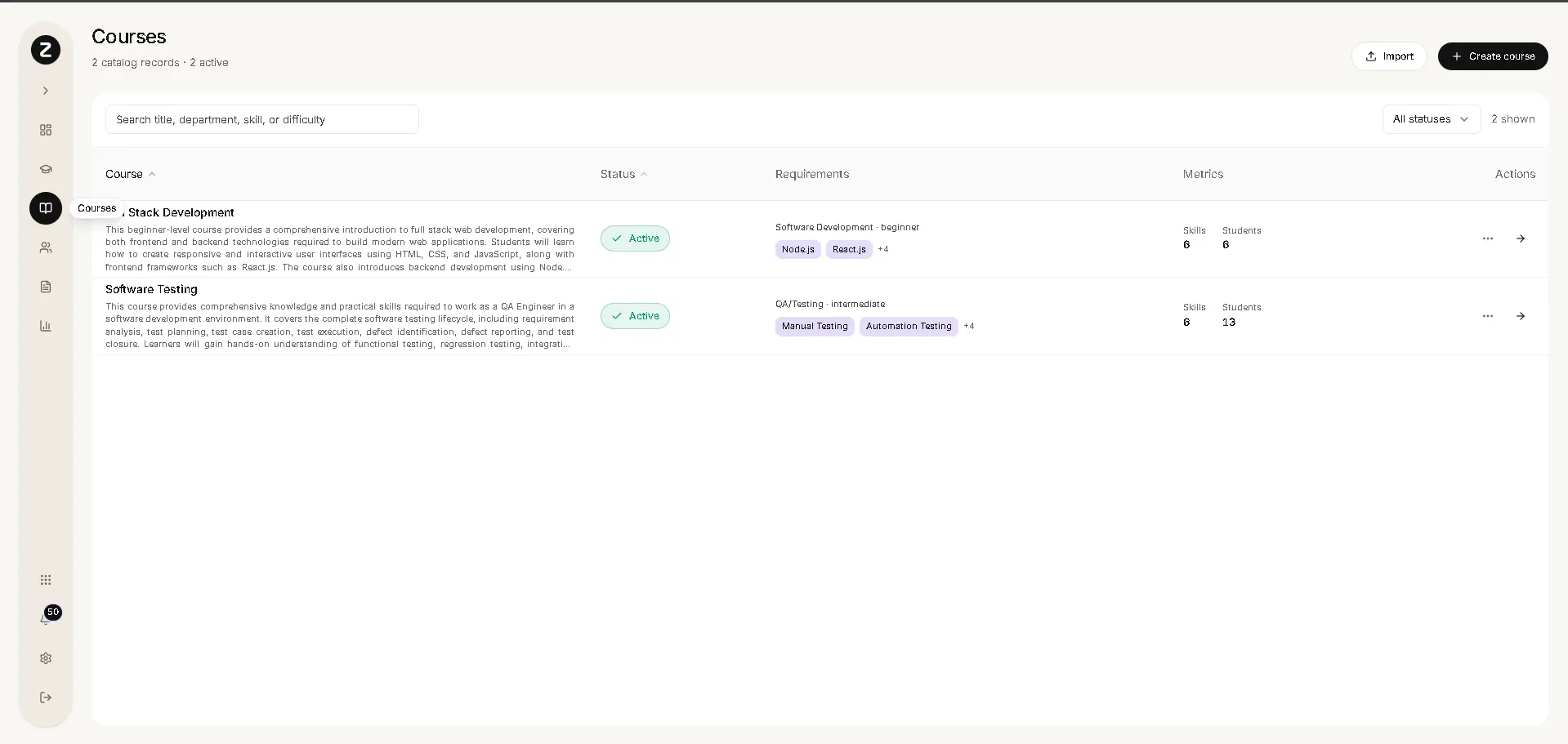 Screenshot of the Zolio Skills course catalog, showing active courses with skills and student metrics.